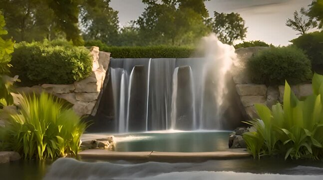 A serene waterfall fountain nestled in a lush garden within a residential yard