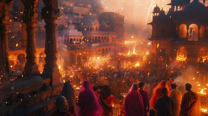 Diwali Celebration: Vibrant streets, sparkling fireworks, traditional attire, festive atmosphere