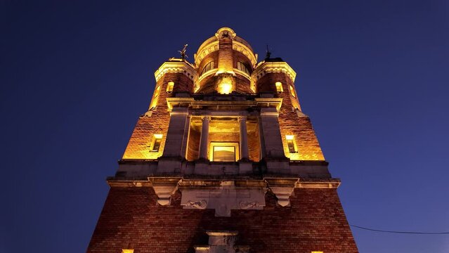 Gardos tower in Zemun municipality, city of Belgrade, Serbia, blue hour evening cityscape.