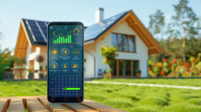 Smartphone with energy consumption analytics on screen, displayed in front of an eco-friendly house with solar panels.
