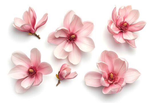 Magnolia blooms with petals top view  isolated on white background