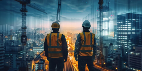 two construction workers looking across a city, - obrazy, fototapety, plakaty