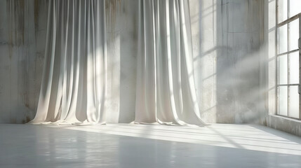 white curtains hanged in front of a window with gray shadows, 
