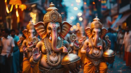 Fototapeta na wymiar Ganesh Chaturthi Festive Procession with Elaborate Idols and Rhythmic Drumming