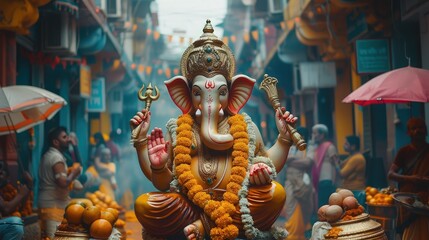 Fototapeta na wymiar Ganesh Chaturthi Festive Procession with Elaborate Idols and Rhythmic Drumming