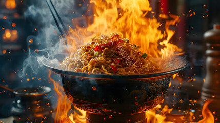 Fried hot noodles in bowl. Pad Thai street fast food