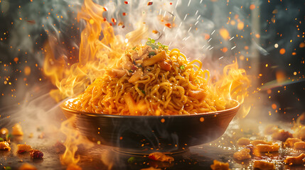 Fried hot noodles in bowl. Pad Thai street fast food