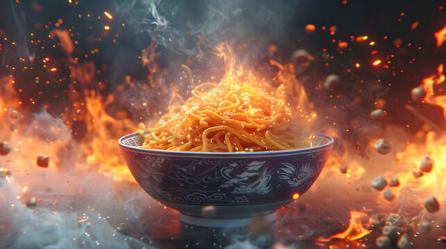 Fried hot noodles in bowl. Pad Thai street fast food