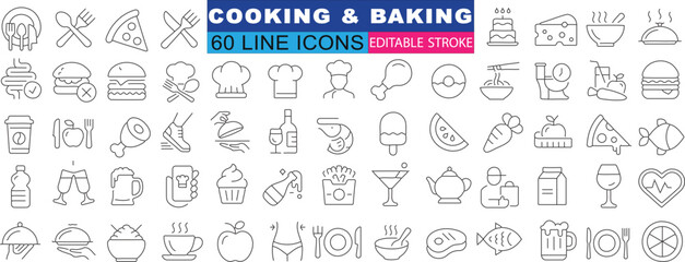 Cooking, Baking Line Icons, Editable Stroke. for culinary arts, food preparation tools, ingredients. Perfect for web design, apps