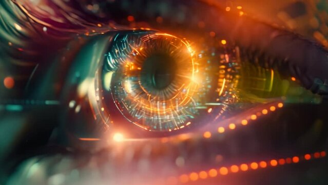 Close-up of a human eye with a futuristic cybernetic implant. Digitally glowing