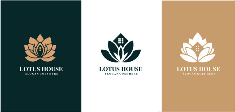 Creative simple Artistic Lotus Flower with house logo design set illustration