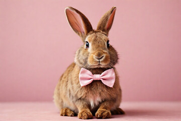 Fototapeta premium Cute little rabbit with bow tie on pink background, closeup