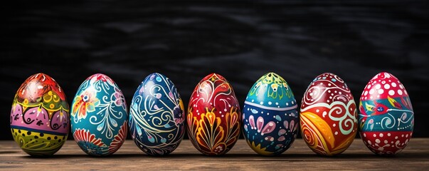 Row of colorfully painted Easter eggs - obrazy, fototapety, plakaty