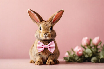 Fototapeta premium Easter bunny with pink bow tie and tulips on pink background