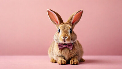 Obraz premium Cute little rabbit with bow tie on pink background, easter concept