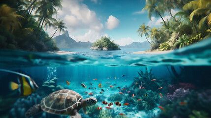 tropical island in the ocean with half under water view with volcano mountain in the background