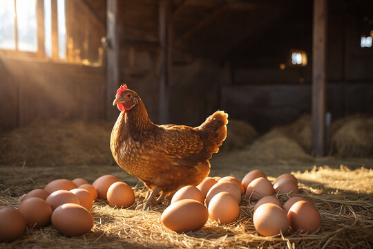 Brown chicken and eggs on the background of hay in a farm.