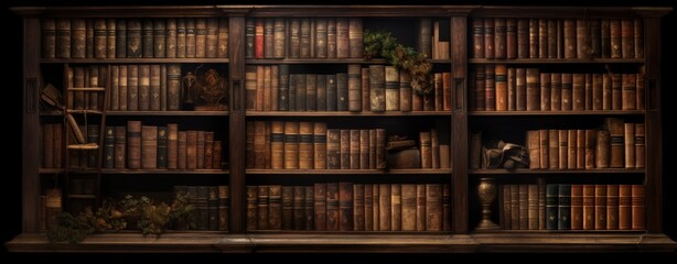 The wall full shelf of ancient books and manuscripts in library room vintage style. AI generated - obrazy, fototapety, plakaty