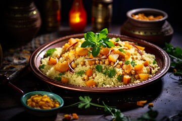 Moroccan couscous with vegetables and herbs on a dark rustic wooden background