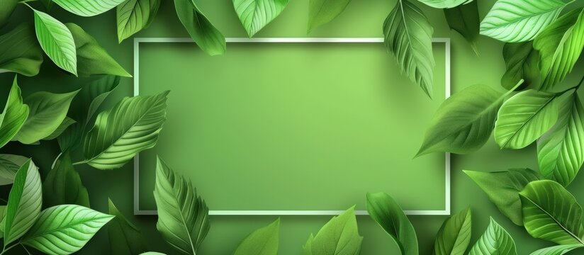 Green leaves and square frame of spring backdrop background. AI generated image
