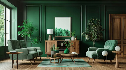 modern room interior with wood furniture, green walls and a photo frame
