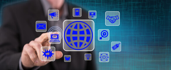 Man touching a global marketing concept