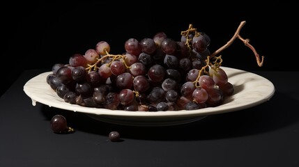 brown grapes are on a plate, in the style of eerie whimsy, paleocore, snapshot aesthetic, dark black and red, ragecore, soggy,white background