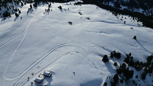 sleddog seld dog on snow on dolomites aerial view val badia in winter season panorama landscape drone footage
