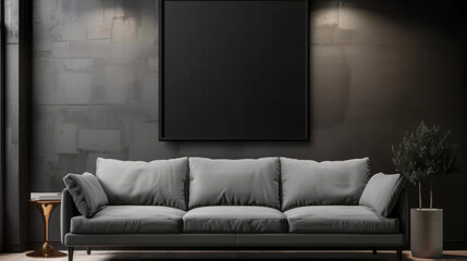  empty room with a grey couch and black frame mockup