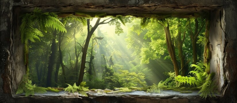 Natural home decoration with window view of forest background. AI generated image