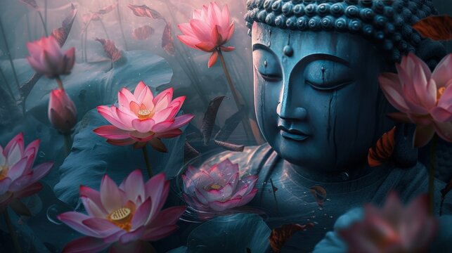 Buddha statue with water lotus dramatic misty background. AI generated image