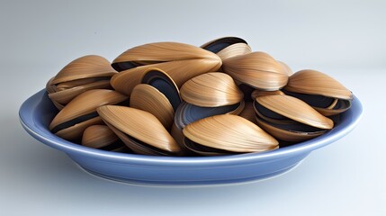 brown Mussels in a plate.  a blue background. 3d illustration. Generative AI