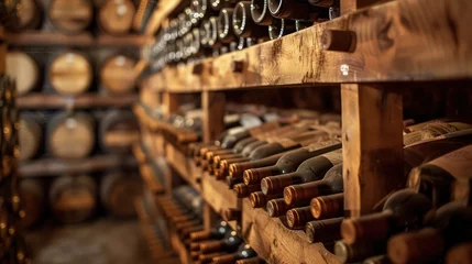 Fotobehang Sophisticated Wine Cellar: Aging Wine Bottles on Wooden Racks © pengedarseni