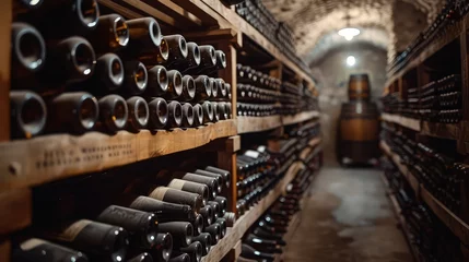 Fotobehang Sophisticated Wine Cellar: Rows of Aging Wine Bottles on Wooden Racks, Dimly Lit with Cool Temperature and Musty Aroma © pengedarseni