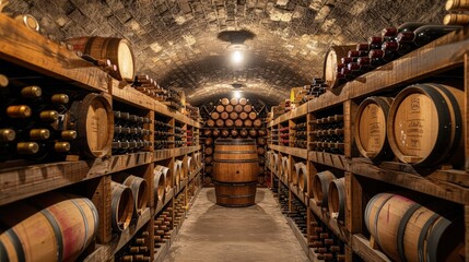Sophisticated Wine Cellar: Rows of Aging Wine Bottles on Wooden Racks, Dimly Lit with Cool Temperature and Musty Aroma