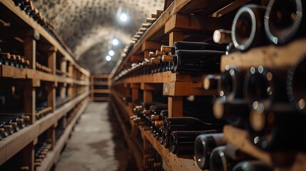 Fototapeta na wymiar Sophisticated Wine Cellar: Rows of Aging Wine Bottles on Wooden Racks, Dimly Lit with Cool Temperature and Musty Aroma