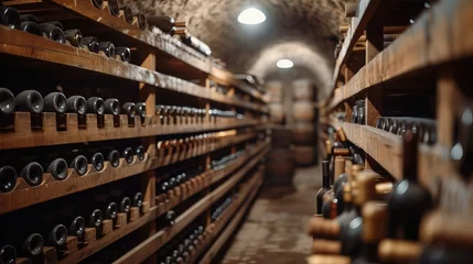 Fotobehang Sophisticated Wine Cellar: Rows of Aging Wine Bottles on Wooden Racks, Dimly Lit with Cool Temperature and Musty Aroma © pengedarseni