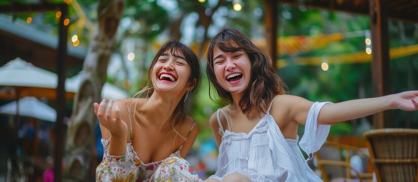 Happy young female friends having fun together on a vacation at a holiday resort. AI generated image