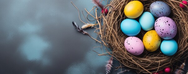Fototapeta na wymiar Happy Easter day decoration colorful eggs in nest on paper background with copy space