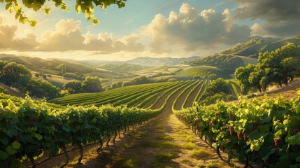Fototapeta na wymiar Scenic Vineyard View: Rolling Hills with Lush Greenery and Ripe Grapes