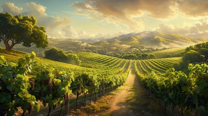Scenic Vineyard View: Rolling Hills with Lush Greenery and Ripe Grapes - obrazy, fototapety, plakaty
