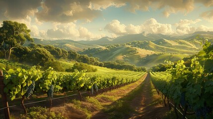 Scenic Vineyard View: Rolling Hills with Lush Greenery and Ripe Grapes - obrazy, fototapety, plakaty