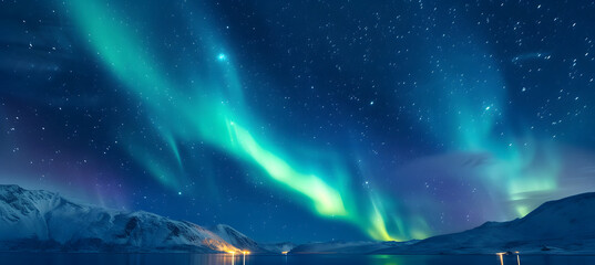 Northern lights or Aurora borealis in the sky - Tromso, Norway - obrazy, fototapety, plakaty