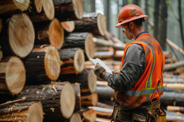 A focused forester in an orange helmet and reflective vest examines paperwork among cut tree logs in a timber yard.