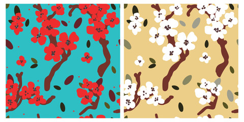 Set with sakura in different colors, seamless pattern. Vector illustration
