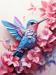 Pastel blue pink Hummingbird with pink flower, Generative Ai