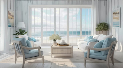 white living room with couches and a large window,