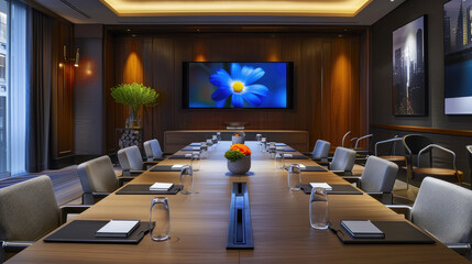 A spacious conference room featuring a long table, leather chairs, and a vibrant image on a screen, framed by elegant wood finishes.
