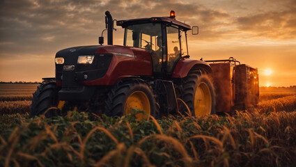 Tractor is harvesting agricultural crops, Combine harvester, agricultural field with sunset background.  Generative Ai