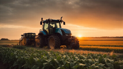 Fototapeta premium Tractor is harvesting agricultural crops, Combine harvester, agricultural field with sunset background. Generative Ai